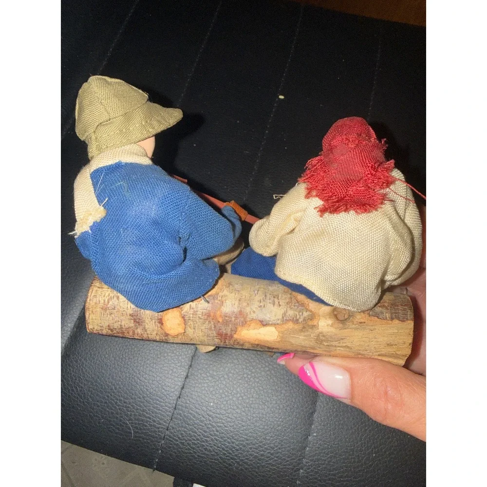 Vintage Sabra Israel‎ Handmade Dolls 1950's on Wood Log Knitting & Flute Player